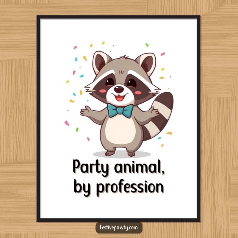 Funny free printable wall art of a delighted raccoon wearing a bowtie, skillfully juggling colorful confetti, bringing joy to any room.