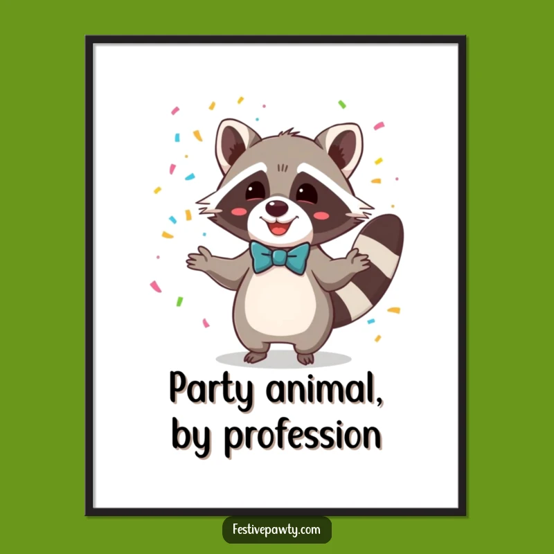 Free Printable Wall Art: Funny Juggling Raccoon Bowtie Confetti Downloadable Decor
