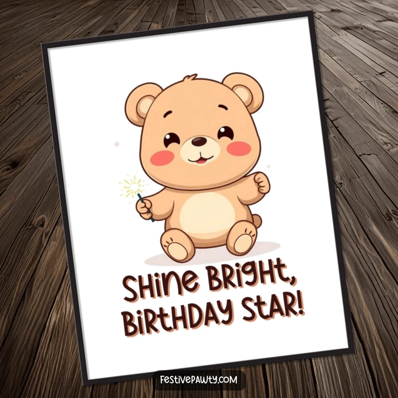 Funny Free Printable Wall Art: A smiling bear character holding a brilliantly lit sparkler, radiating happiness.