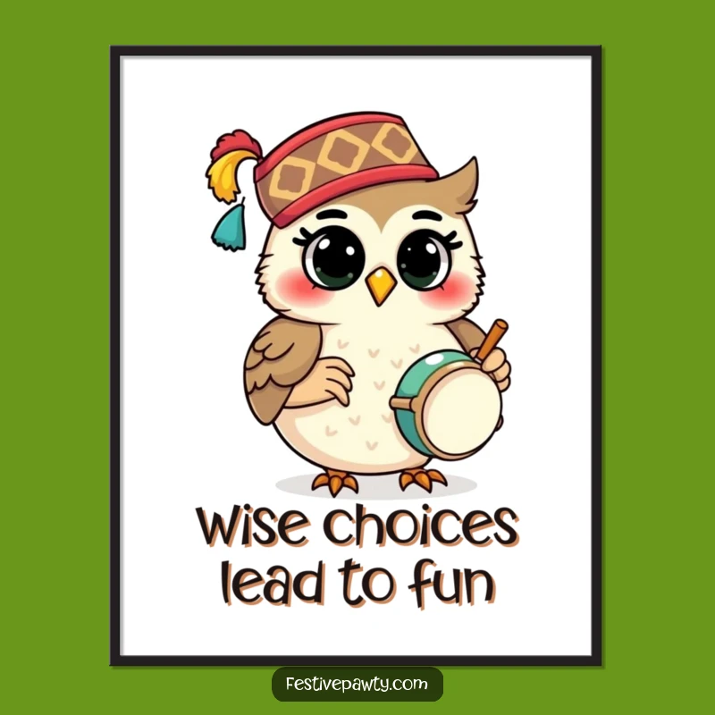 Free Printable Wall Art: Drumming Owl Fez - Humorous Downloadable Decor