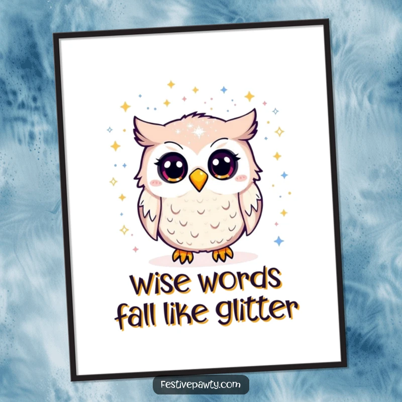 Funny Free Printable Wall Art: A wide-eyed owl is engulfed in a sparkling glitter shower, adding humor to any room.