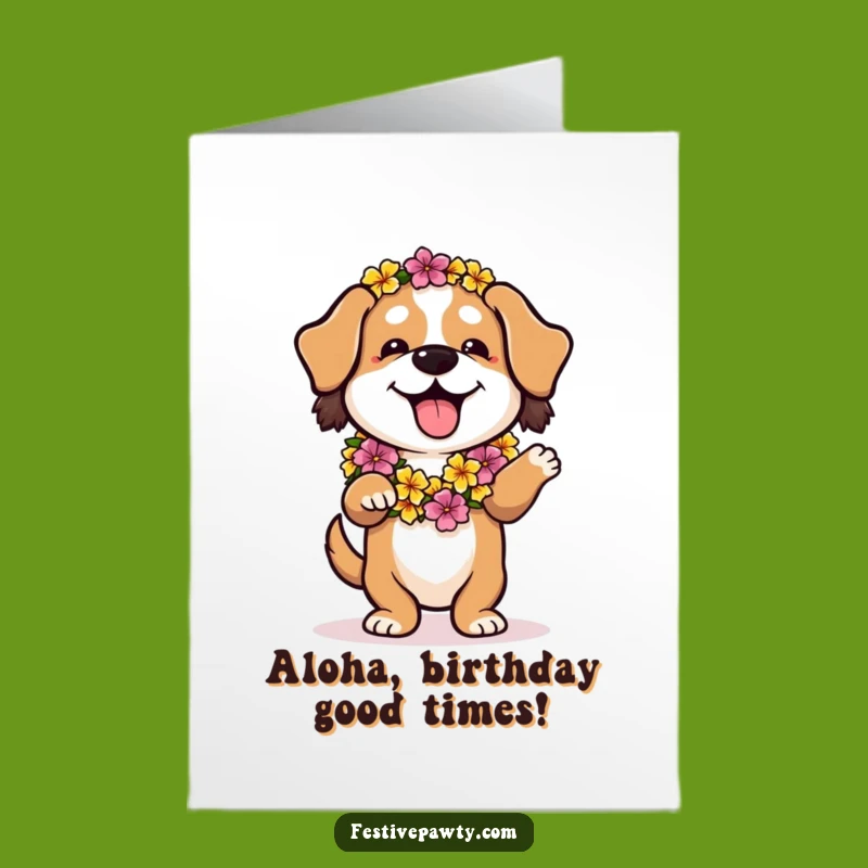 Free Printable Birthday Card: Hula Dog Flower Lei Funny Downloadable Gift