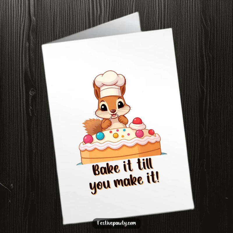Funny free printable birthday card with a mischievous squirrel in a chef hat adorably decorating a huge cake with frosting.