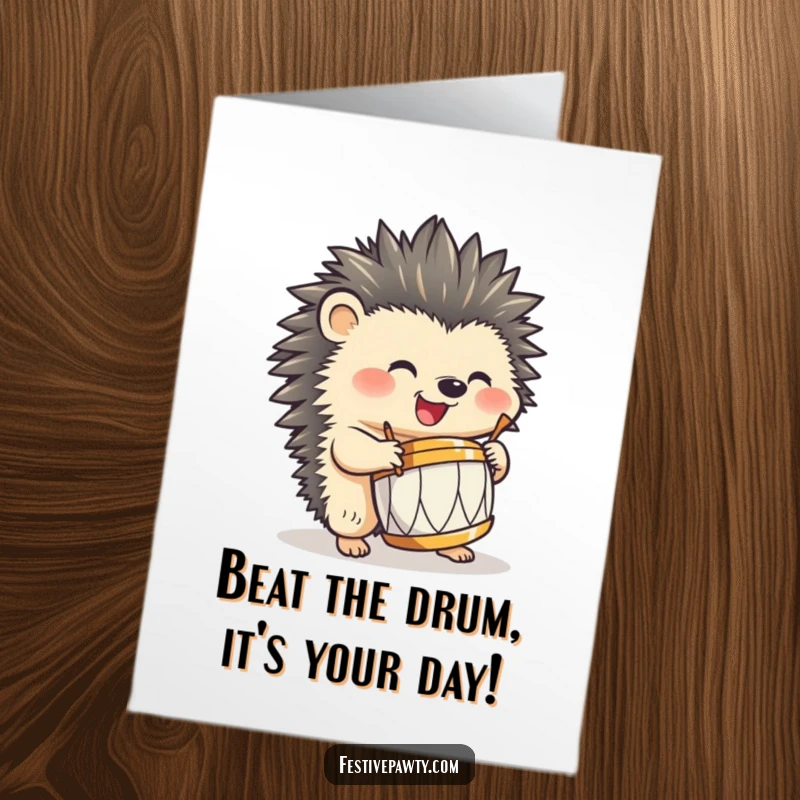 Funny Free Printable Birthday Card: Joyful hedgehog energetically drumming with its quills, a tiny drum set.