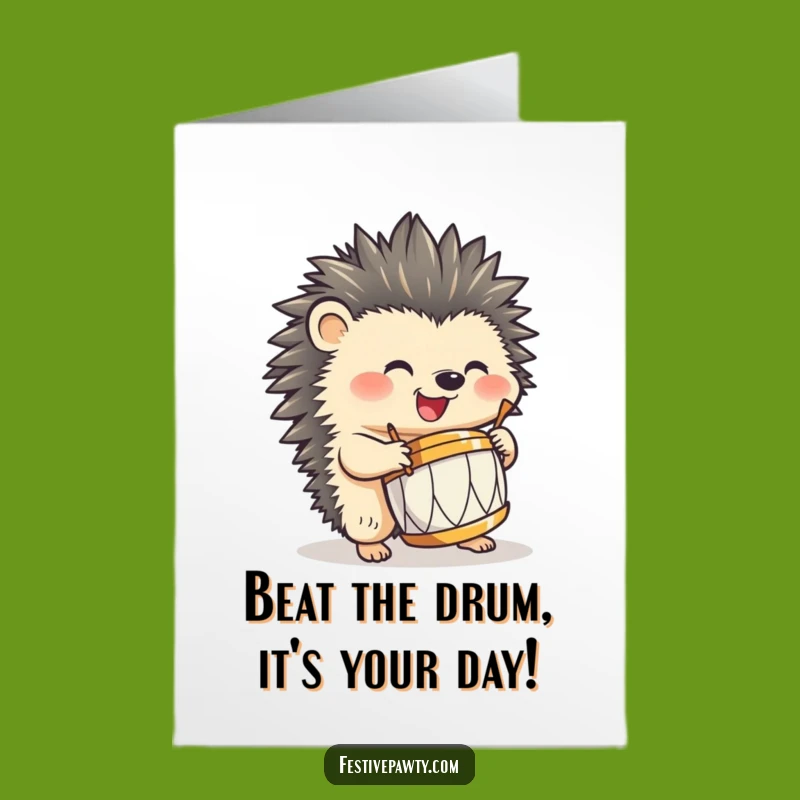 Free Printable Birthday Card: Happy Hedgehog Drummer, Festive Downloadable Gift