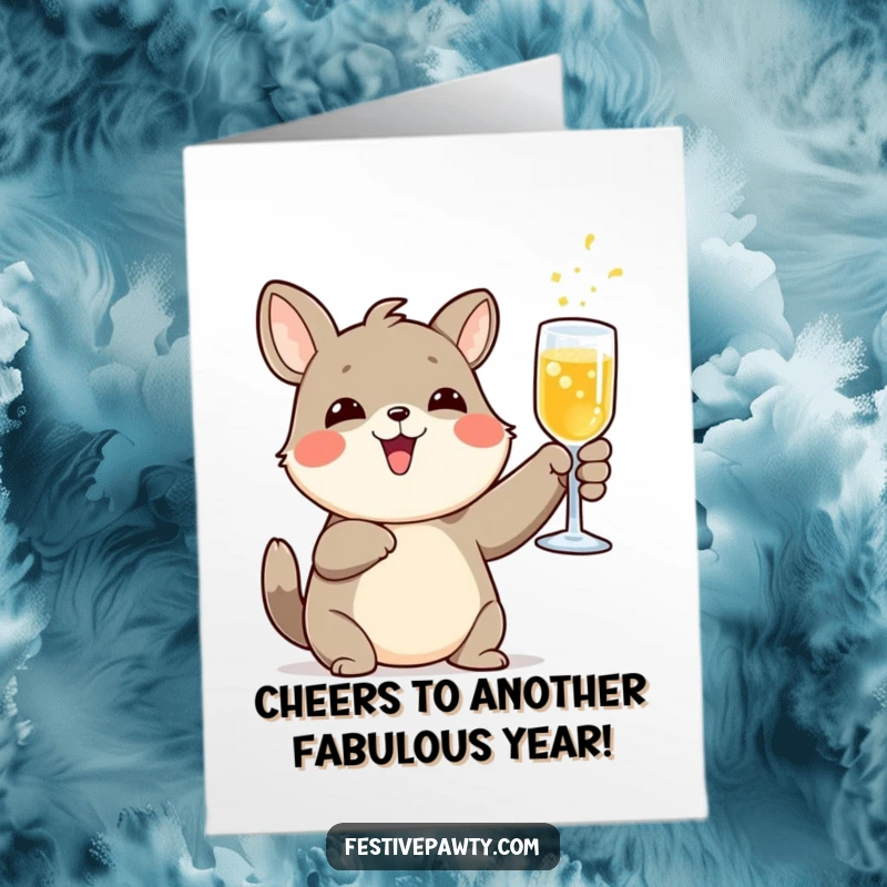 Funny Free Printable Birthday Card: A joyful animal character clinks a glass of bubbly in a happy birthday toast.