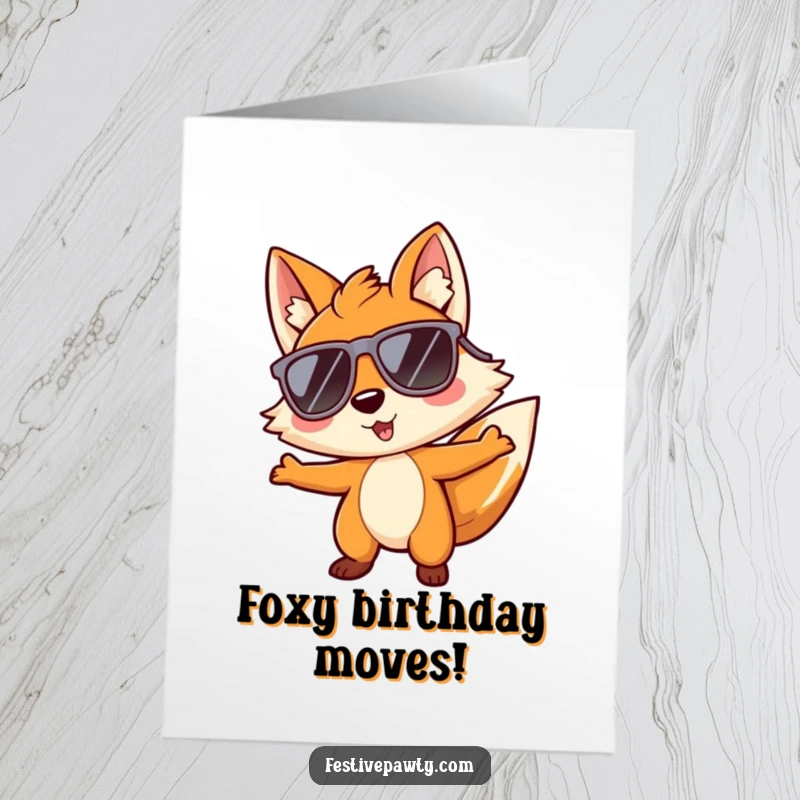 Funny Free Printable Birthday Card: A fox in oversized sunglasses grooves to the music, radiating cool birthday vibes. A downloadable delight.