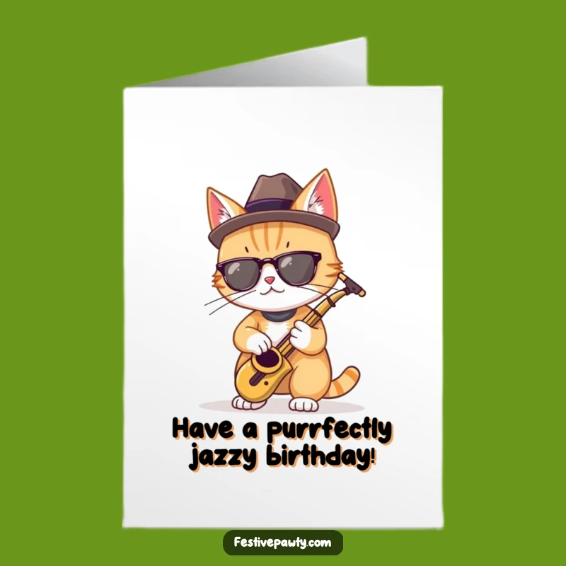 Free Printable Birthday Card: Cool Cat Saxophonist Funny Downloadable Gift