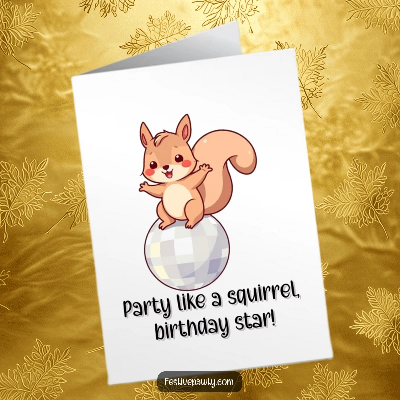 Funny Free Printable Birthday Card: Energetic squirrel with a party hat dancing gleefully atop a spinning disco ball.