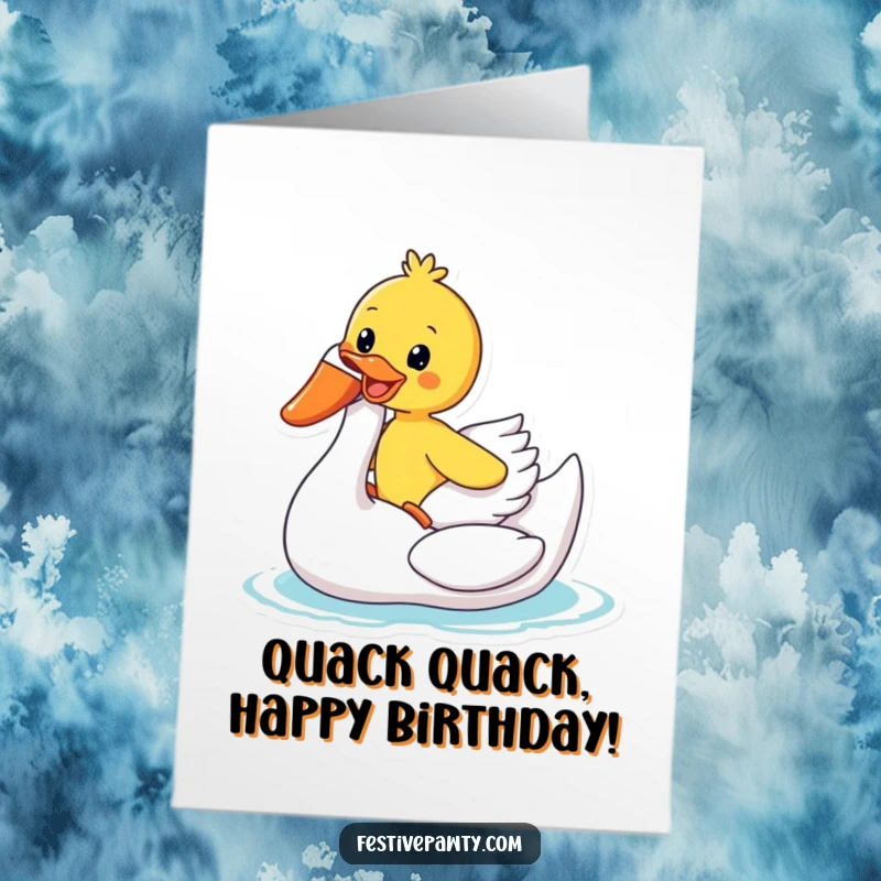 Funny Free Printable Birthday Card: A duck joyfully rides an inflatable swan, bringing cheerful birthday wishes.