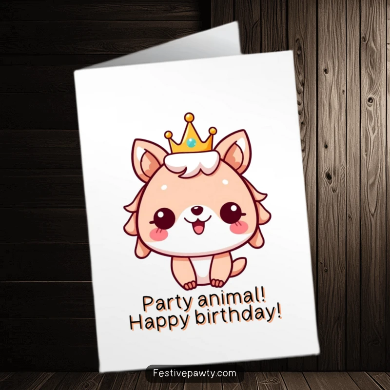 Funny Free Printable Birthday Card: Festive animal character wearing a sparkly crown, cheering joyfully for a birthday celebration.