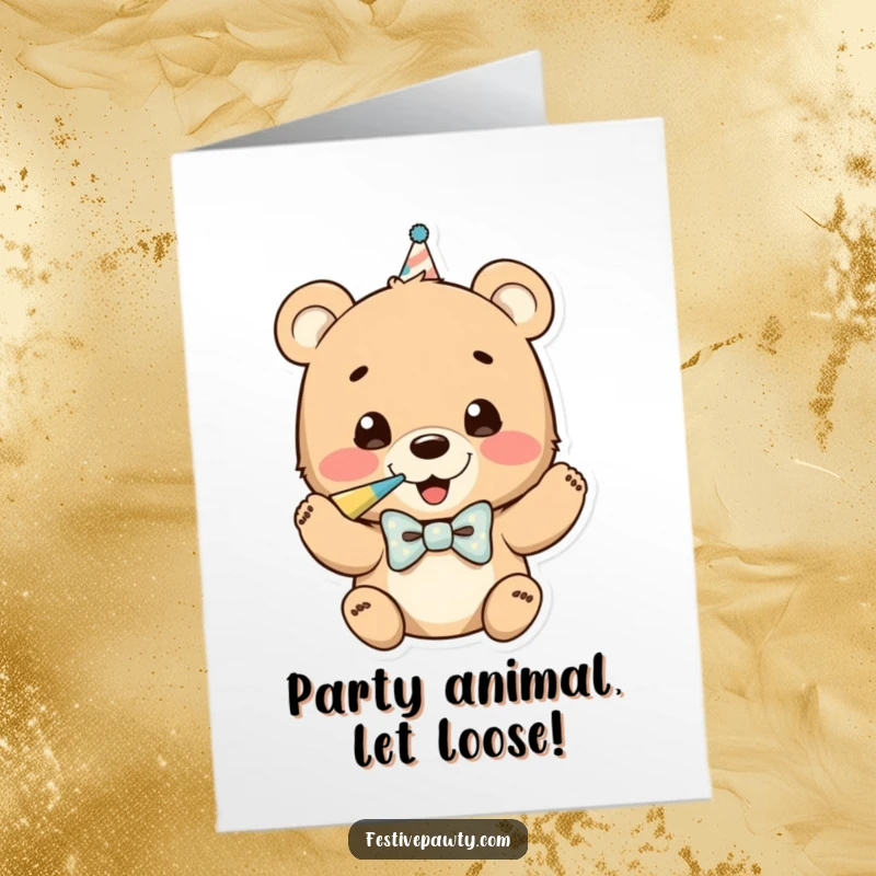 Funny Free Printable Birthday Card: Adorable bear cub in bowtie joyfully blows party horn, spreading birthday cheer.