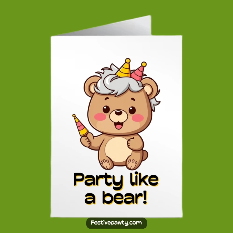 Free Printable Birthday Card: Funny Bear Wig Party Horn Downloadable Humorous Greeting