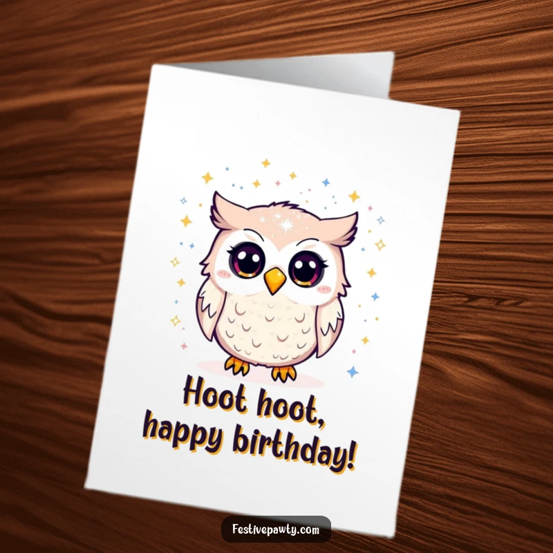 Funny Free Printable Birthday Card: An owl looks surprised by a cascade of shimmering glitter, a whimsical celebration.