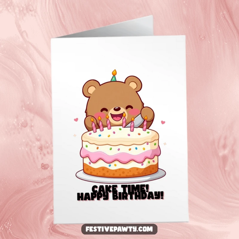 Funny Free Printable Birthday Card: A joyful bear beaming with delight as it cuts into a massive, beautifully decorated birthday cake.