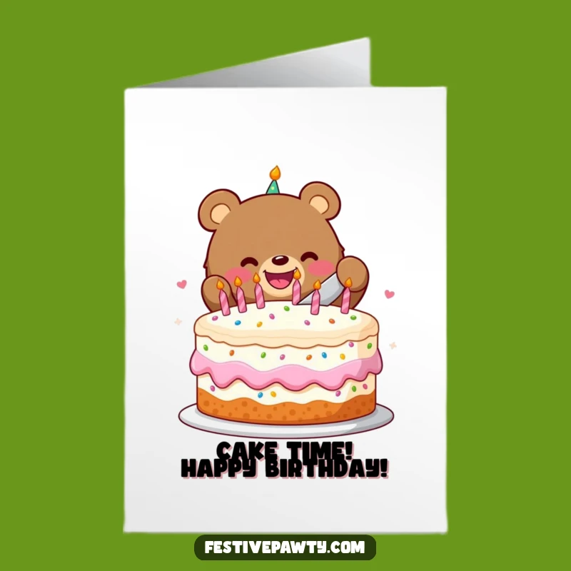 Free Printable Birthday Card: Happy Bear, Giant Cake, Downloadable Joy for a Delicious Celebration