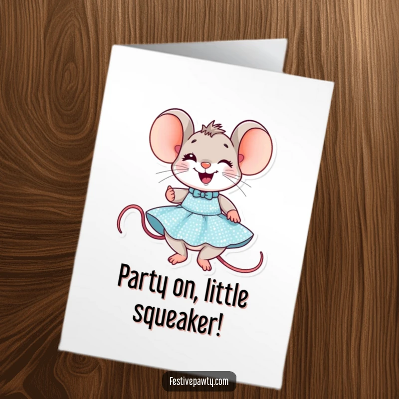 Funny Free Printable Birthday Card: Delighted mouse grinning while trying on a sparkly sequined party dress.