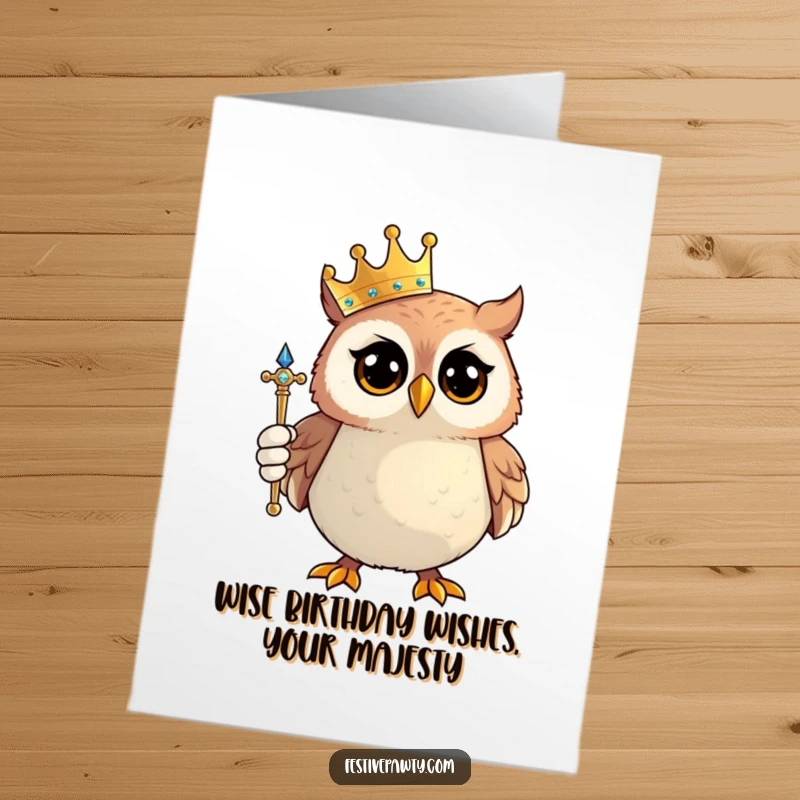 Funny Free Printable Birthday Card: Proud owl wearing a small crown and holding a sparkling scepter, looking majestic.