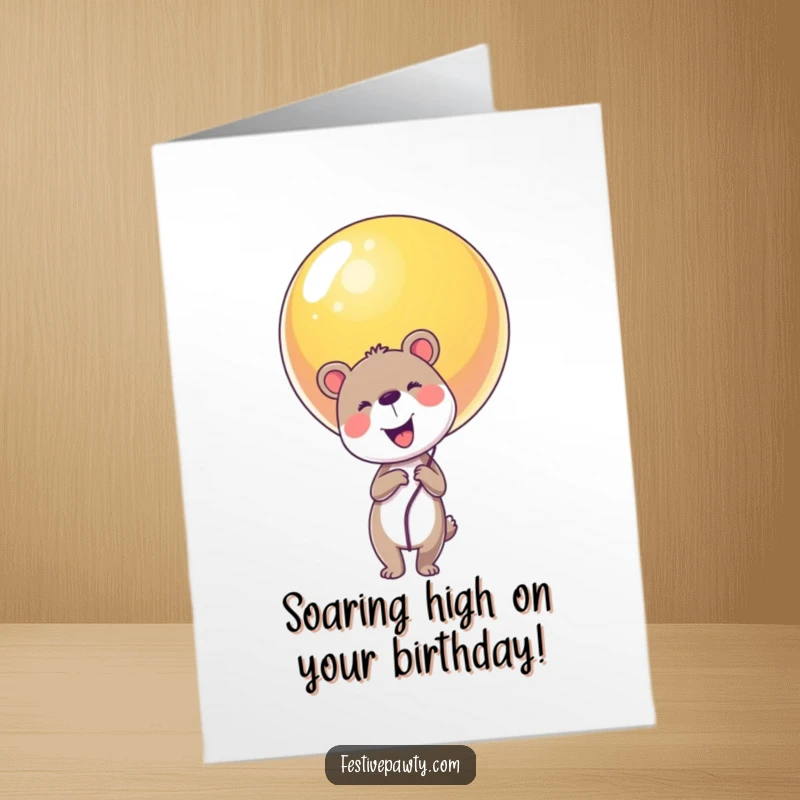 Funny Free Printable Animal Birthday Card: A joyful animal holding a gigantic, colorful balloon with a smile.