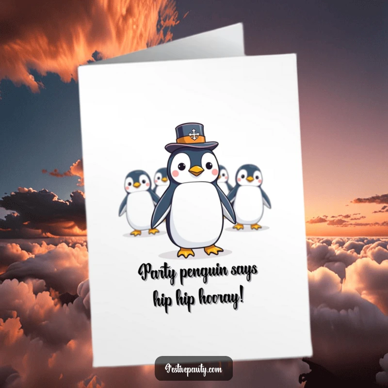 Funny Free Printable Penguin Conga Line Birthday Card: A dapper penguin in a top hat leads a joyful conga line, perfect for birthday wishes.
