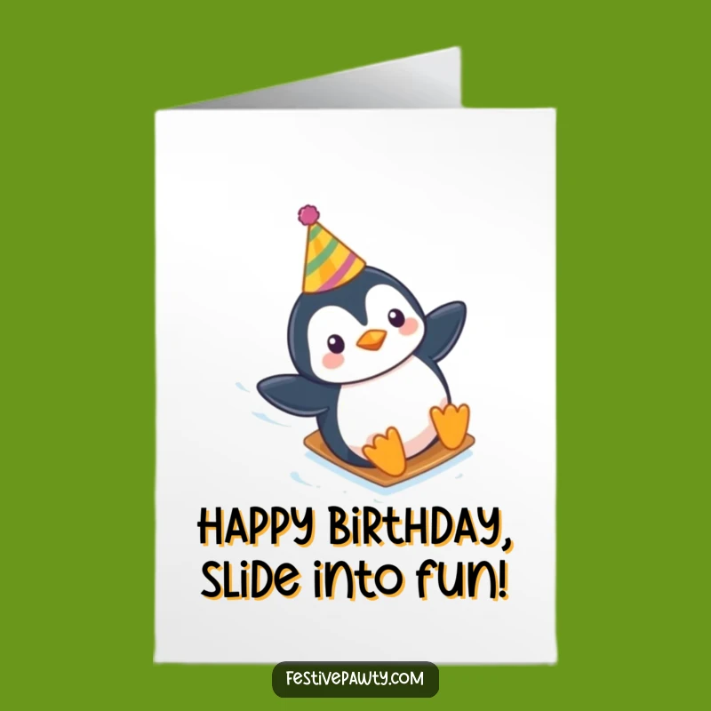 Free Printable Birthday Card: Penguin Party Slide, Funny Downloadable Gift for Fun