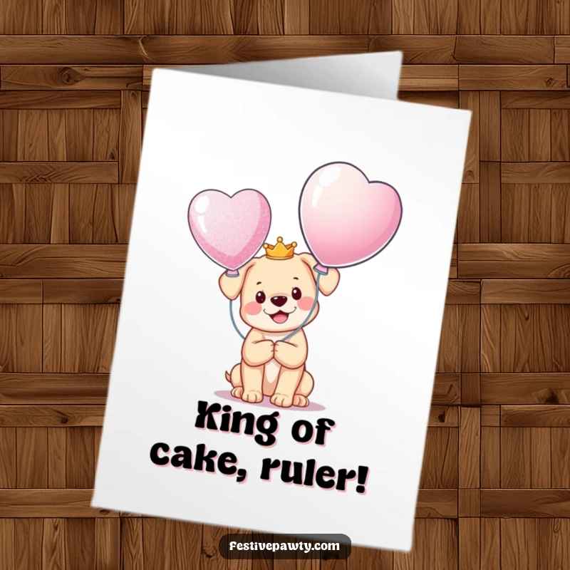 Funny Free Printable Birthday Card: Happy puppy king in tiny crown holds a huge glittering balloon, ready for a royal bash.