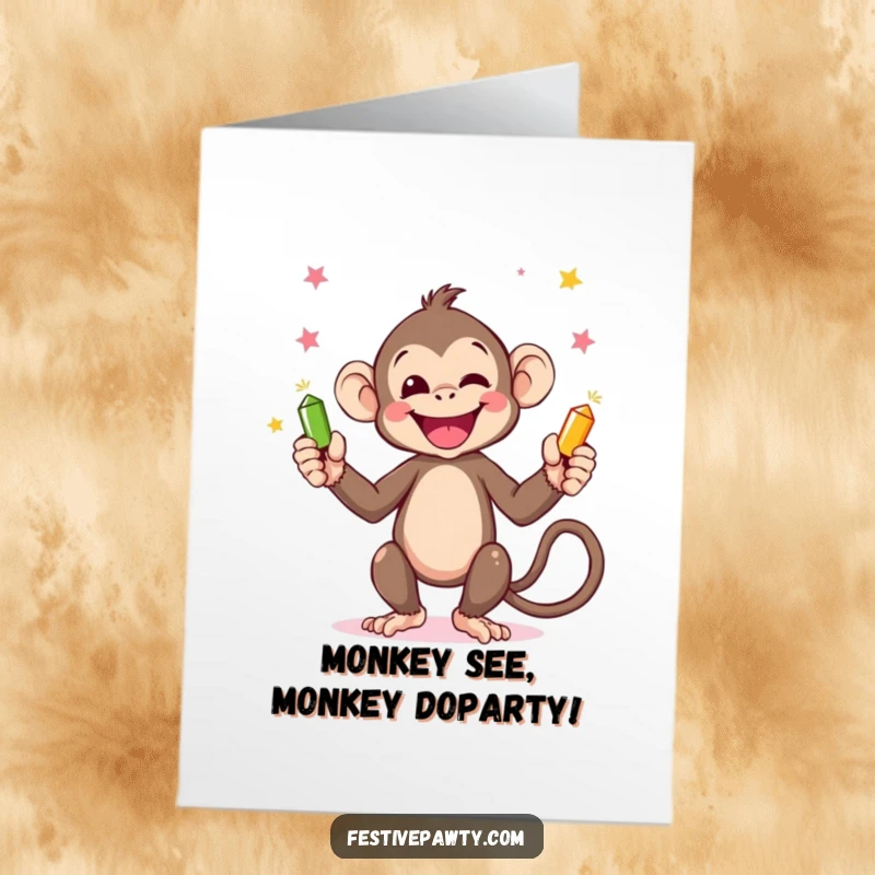 Funny Free Printable Monkey Birthday Card: A cheerful monkey madly juggling party poppers with hands and tail