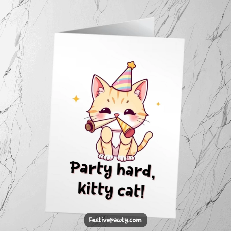 Funny Free Printable Birthday Card: Cute cat wearing a party hat, enthusiastically blowing a party horn.