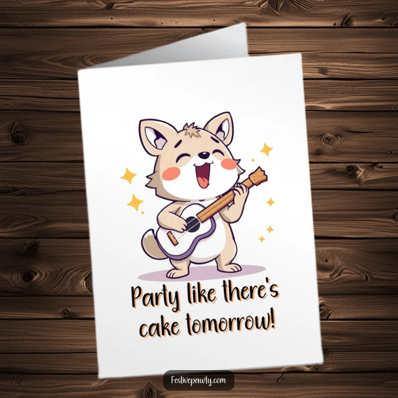 Funny Free Printable Birthday Card featuring an excited animal character playing a musical instrument with boisterous energy.