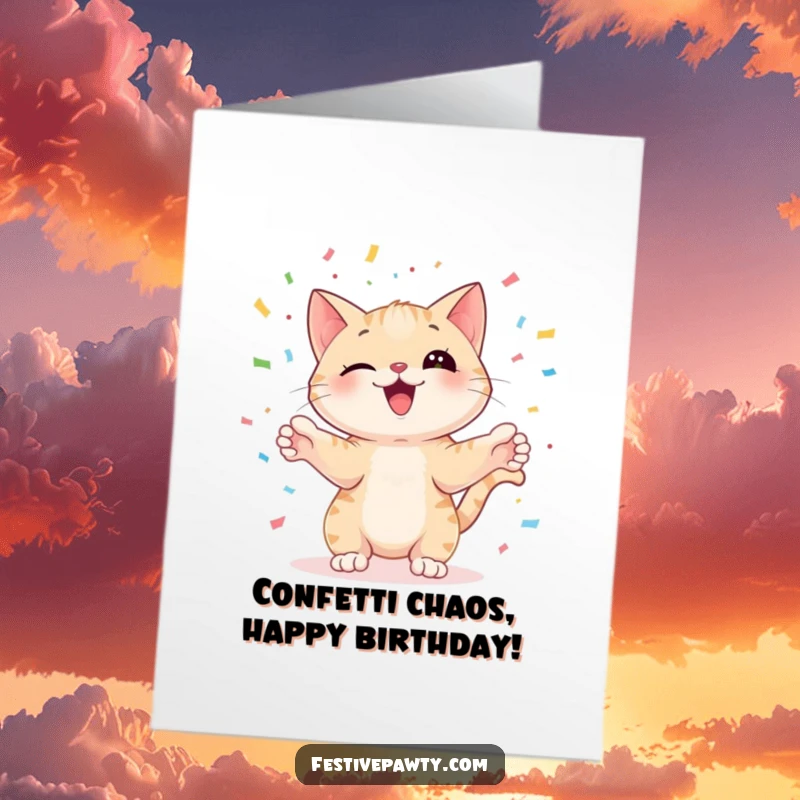 Funny Free Printable Birthday Card: Playful cat juggling colorful confetti with paws, radiating festive birthday energy, a downloadable gift.