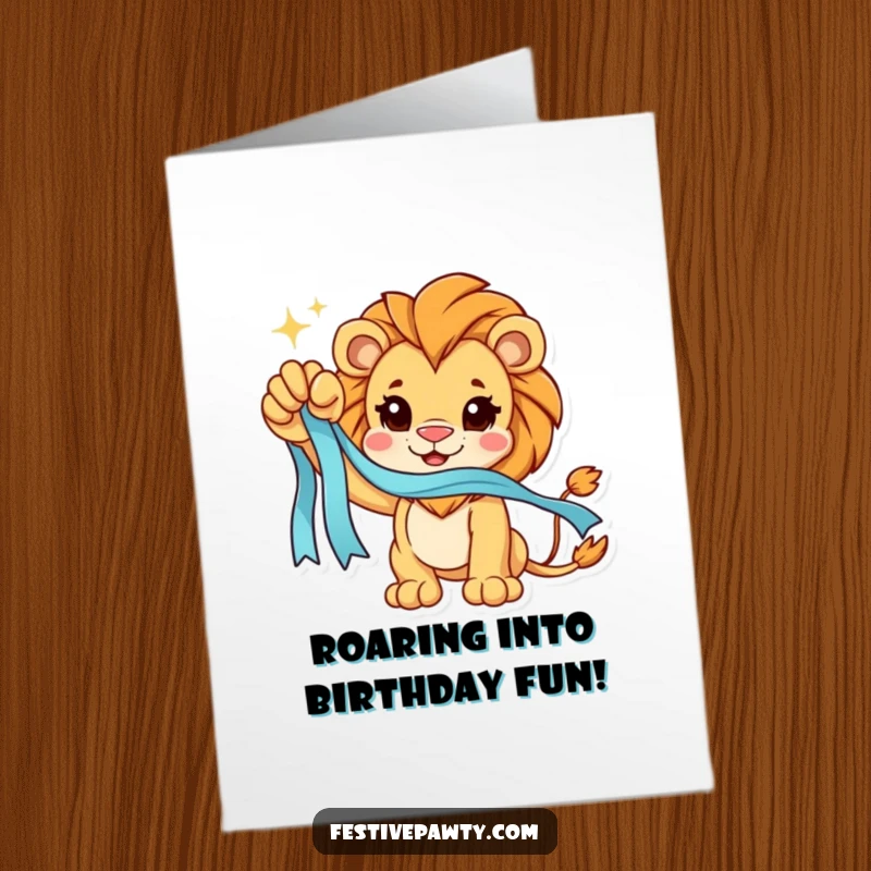 Funny Free Printable Birthday Card: A triumphant lion raises a paw holding a sparkling ribbon, cheering Happy Birthday.