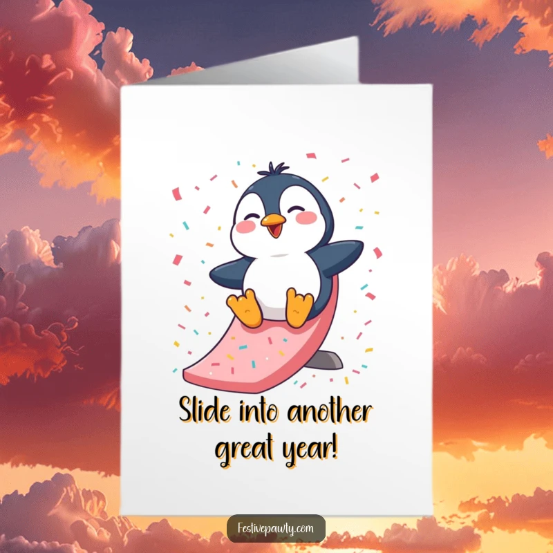 Funny Free Printable Birthday Card: A giggling penguin slides joyfully down a confetti-covered slide, spreading laughter.