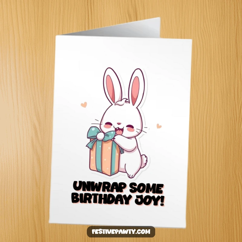 Funny Free Printable Birthday Card: A cartoon rabbit with long ears enthusiastically unwrapping a colorful gift box with a big smile.