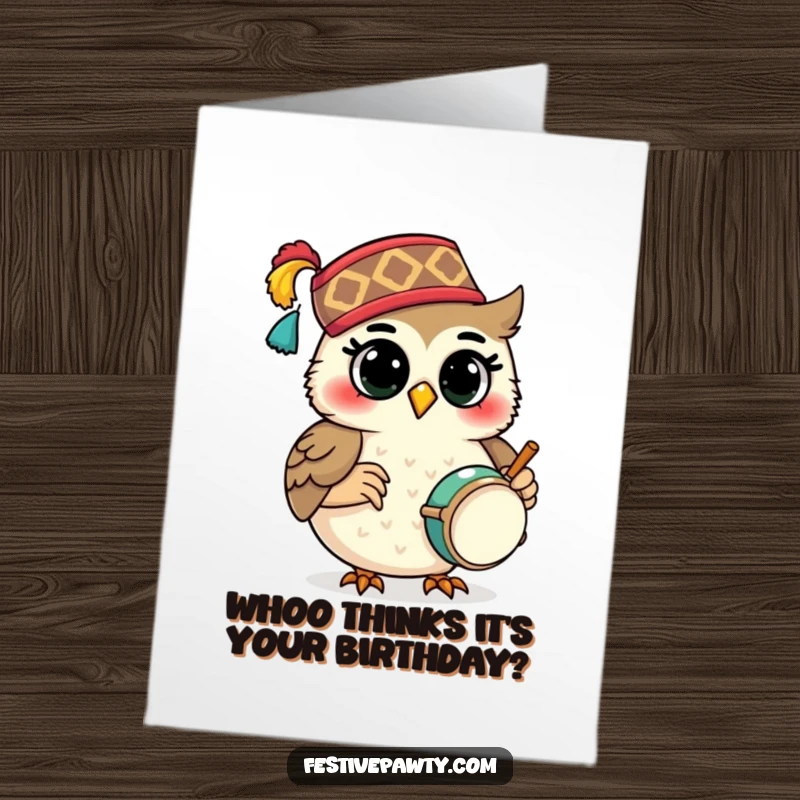 Funny Free Printable Birthday Card: A smiling owl in a fez happily plays a tiny drum, ready to celebrate.