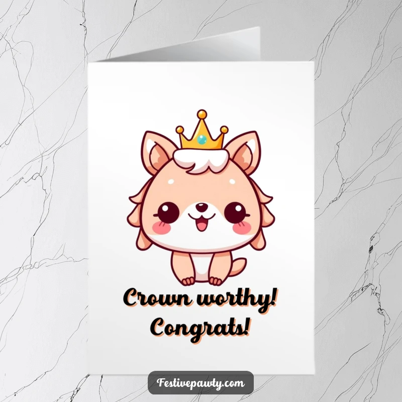 Funny Free Printable Congrats Card: Festive animal character wearing a sparkly crown, cheering to celebrate a grand achievement.