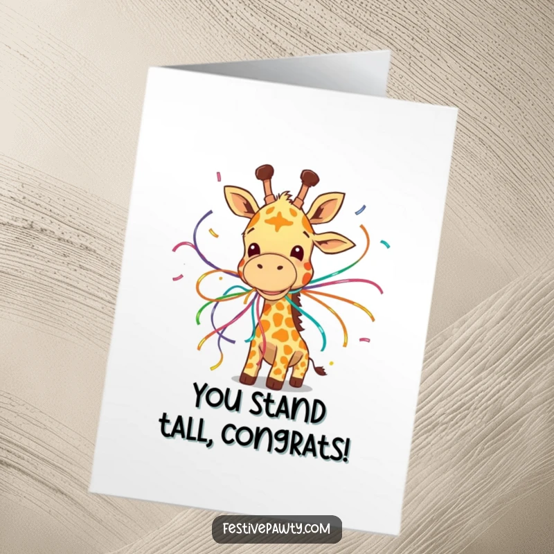 Funny Free Printable Congratulations Card: A giggling giraffe comically entangled in streamers, celebrating achievements, downloadable gift.