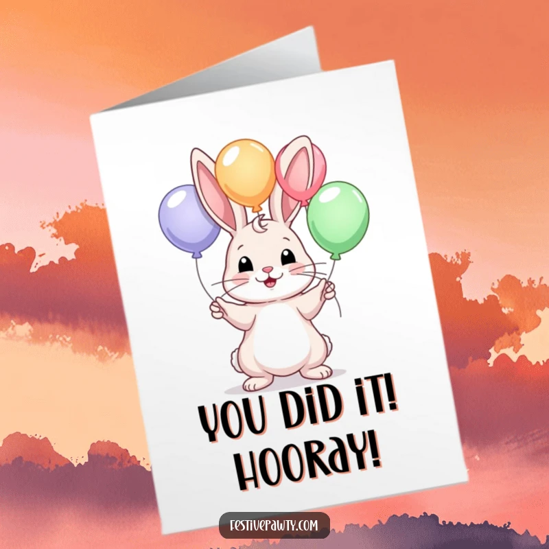 Free Printable Congratulations Card: A whimsical rabbit skillfully juggling balloons, celebrating an amazing accomplishment with pure delight.