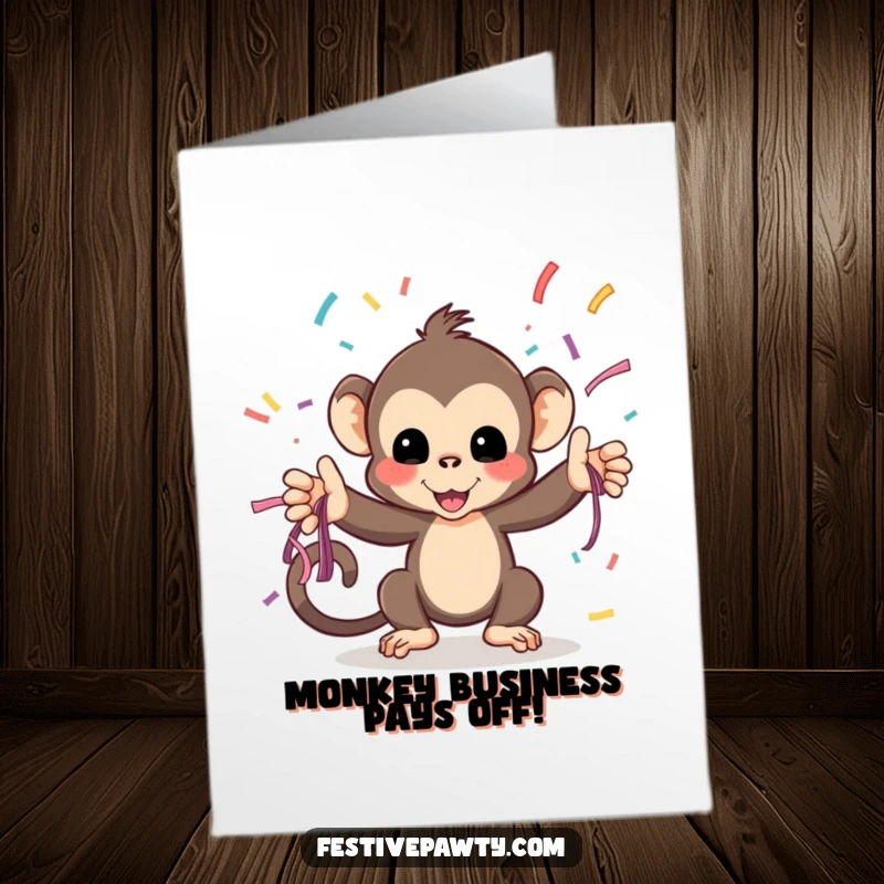 Funny Free Printable Congratulations Card: A monkey joyfully tosses streamers, celebrating success with a playful party atmosphere.