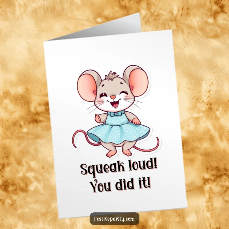 Funny Free Printable Congratulations Card: A delighted mouse grinning from ear to ear while trying on a shimmering sequined dress.