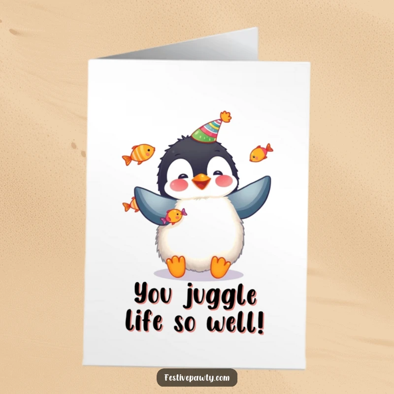 Free printable congrats card: a penguin wearing a party hat juggles colorful fish, celebrating an achievement.