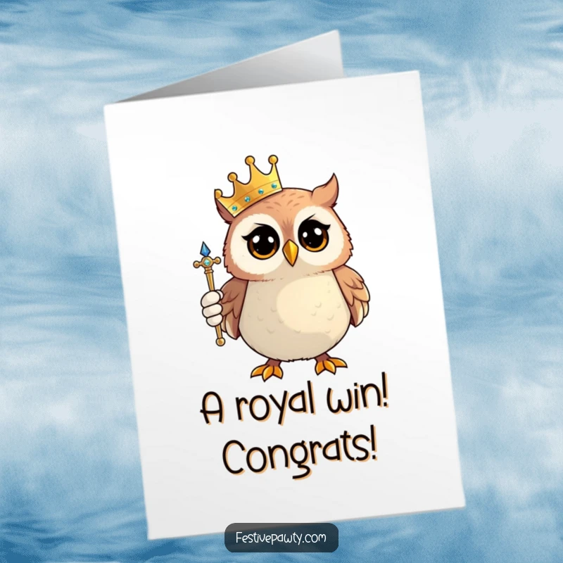 Funny Free Printable Congratulations Card: A proud owl adorned with a tiny crown and a sparkling scepter, celebrating victory.