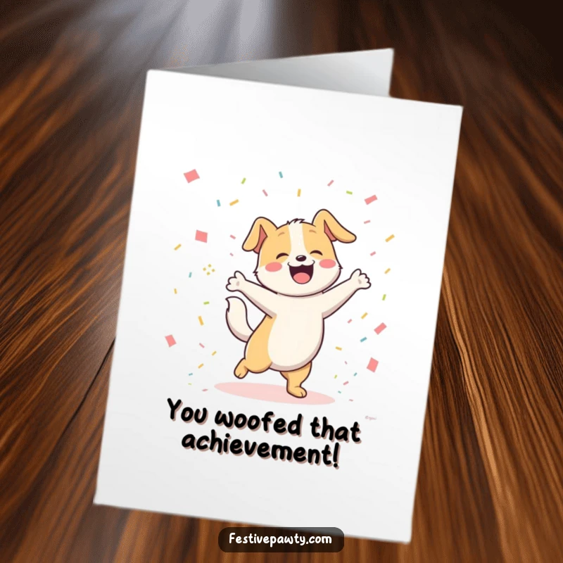 Funny Free Printable Congratulations Card showing a happy dog dancing wildly with its tail wagging furiously amid confetti.