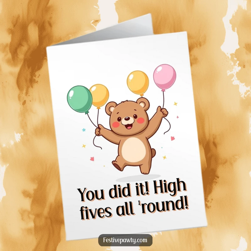 Funny Free Printable Congratulations Card: A jubilant bear dancing with streamers, celebrating a fantastic achievement with energy.