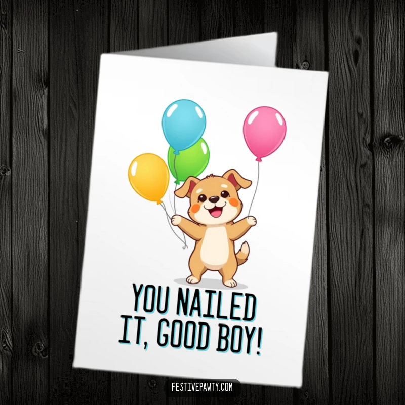 Funny Free Printable Dog Congrats Card, a giddy dog juggling colorful balloons, celebrating success with playful energy.