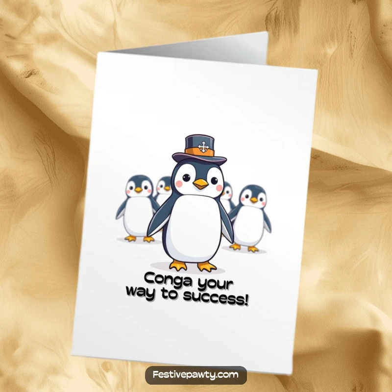Funny Free Printable Penguin Conga Line Congratulations Card: A penguin in a top hat leads a festive conga line, perfect for celebrating wins.