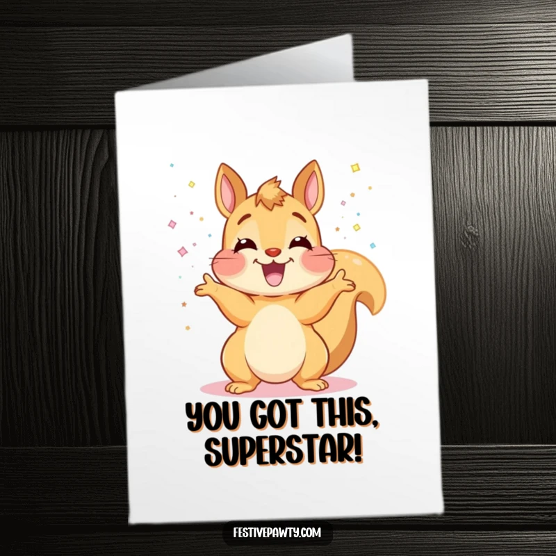 Funny Free Printable Congratulations Card depicting a squirrel showering everything with glitter, radiating excitement and celebration.