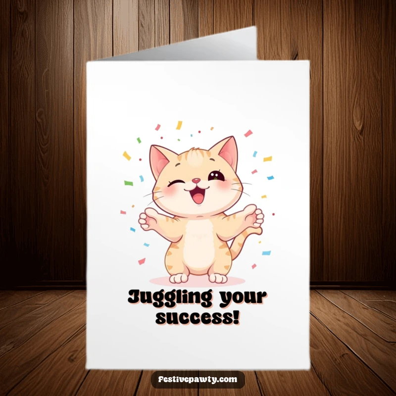 Funny Free Printable Congratulations Card: Playful cat juggling confetti, celebrating a big win with feline flair, a downloadable gift.