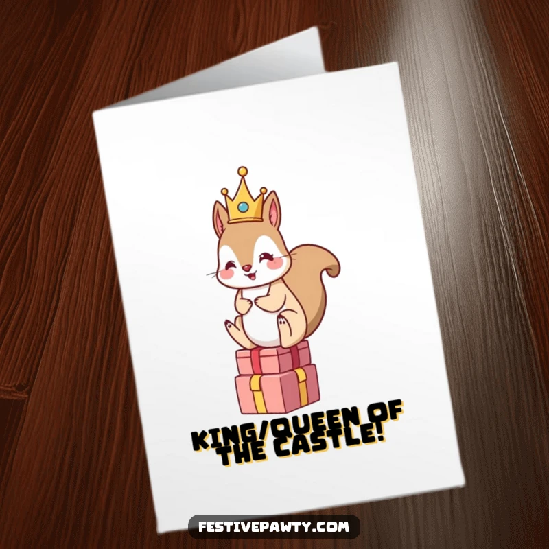 Funny free printable congratulations card featuring a squirrel in a tiny crown, perched proudly on a stack of gift boxes.