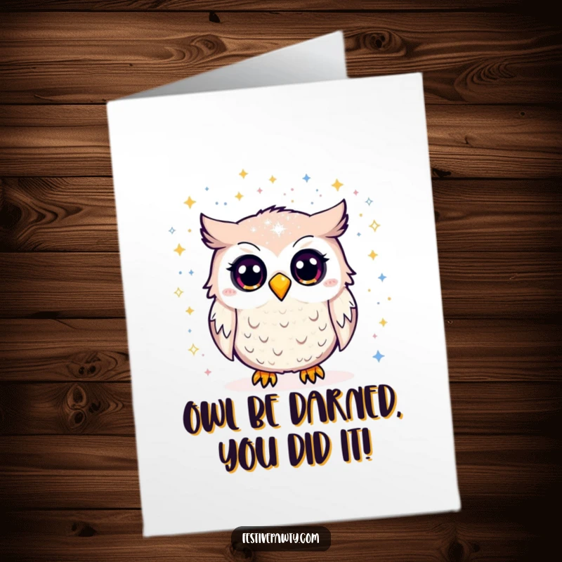Funny Free Printable Congratulations Card: An owl is comically surprised by a shower of glitter, celebrating wins.
