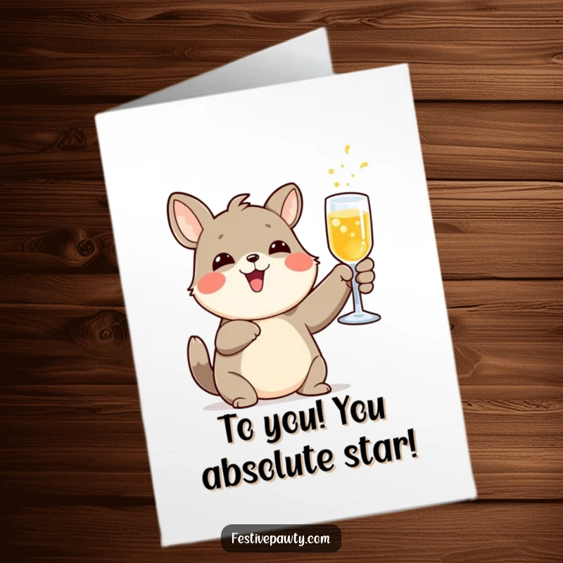 Funny Free Printable Congratulations Card: An ecstatic animal character holds up a fizzy drink glass, ready for a toast.